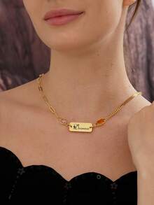 Customized Minimalist Fashion Personalized Small Nameplate Rhinestone Pendant Laser Engraved English Letter Name Customized Necklace - Gold - View 3