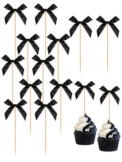 40pcs Black Bow Toothpicks, Black Bow Cupcake Toppers, Elegant Pink Bow Cocktail Picks - Bow Cake Topper Birthday Decorations, Suitable For Birthday Party Supplies, Can Be Used For Beverages, Appetizers, Baking, Wedding Desserts, Parties, Cakes And Cupcake Decorations As Well As Party Foods (Fruits, Sweets)