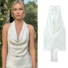 Women's Satin Halter Neck Sleeveless Backless Solid Color Stand Collar Tank Top, Casual Beach Style For Summer - White - View 1