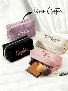 Customizable Makeup Bag, Personalized Corduroy Cosmetic Bag, Cosmetic Storage Bag, Multifunctional Cosmetic Bag,Customize Your Name, Light Convenient Large Capacity,Travel Cosmetic Bag - Multicolor - View 3