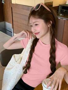 女士修身圆领短袖T恤，休闲时尚美式风格，修身显瘦，百搭夏季款 - 嫩粉紅色 - 查看 8