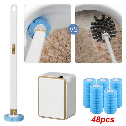 Disposable Toilet Cleaning Brush With 48 Replaceable Refills - Wall-Mounted Holder For Space-Saving Storage, Powerful Limescale Remover | Hygienic Disposable Heads For Deep Toilet Bowl Cleaning, Prevents Bacteria Growth | Essential For Home, Rental Properties & Commercial Bathrooms