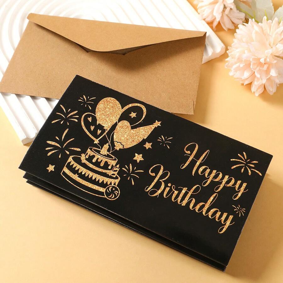 1pc Novelty Birthday Greeting Card, Surprise Cash Gifts Card Pink Gold/Black Gold Birthday Greeting Card With A Kraft Paper Envelope - Black Gold - View 1