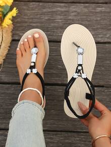 Women's Summer New Solid Color Handmade Beaded Flat Sandals, Bohemian Style Fashion Versatile Comfortable Casual Sandals,Flip Flops - Black - View 5