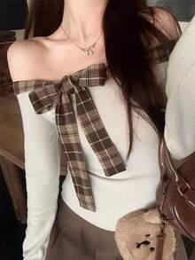 Women's Plaid Patchwork Fleece Tie-Front Bow Off-Shoulder Long Sleeve Knit Top, Spring/Summer - Khaki - View 6