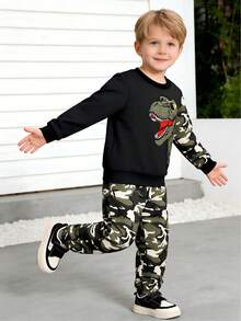 2pcs/Set Boys Camo Dinosaur Print Crew Neck Long Sleeve Sweatshirt And Camo Drawstring Pants Outfit, Fashionable Outdoor Sports Suit For Spring/Autumn - Black - View 5