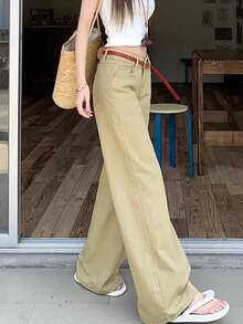 夏季新款宽松喇叭裤，低腰显瘦美式复古风长裤 - 卡其色 - 查看 4