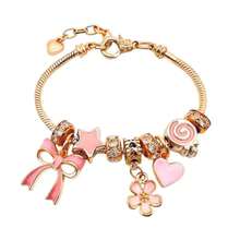 1pc Pink Beaded Bracelet, Valentine's Day Gift, DIY Heart & Bow Pendant Handmade Jewelry, Suitable For Girls Wear And Daily Use