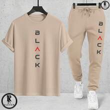 Men's Fashion Casual T-Shirt And Sweatpants Set - Black Cotton Knit + Sweatpants With Pockets - Art - Beige T-shirt, Beige Pants - View 2