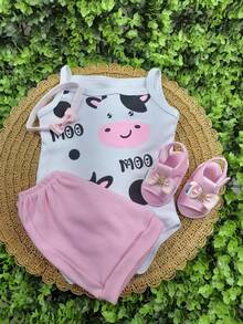 Baby Girl Set: Sandals With Headband, Bodysuit, And Shorts For Monthly Milestone Photos, Printed Summer Design, 100% Suedine - Hồng - Xem 4
