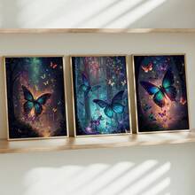 Set de 3 piezas de arte de pared de lienzo con mariposas, diseño de mariposas de bosque soñador, decoración de pared, patrón de mariposas, decoración moderna para el hogar, adecuado para decoración del hogar, decoración de habitación, decoración de dormitorio, decoración de sala de estar, decoración de baño, decoración de pared, arte de pared opcional con marco. - Multicolor - Ver 4