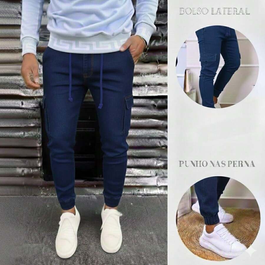 Spring/Autumn Cargo Jogger Pants, Regular Fit, No Drawstring, Pockets, Halloween, Christmas - 深色牛仔褲 - 查看 1