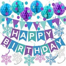 Winter Frozen Birthday Party Drations For Boys Girls, Pre-Strung Blue-Purple Happy Birthday Banner With Honeycomb Balls, Snowflake Hanging Swirls Streamers, Circle Do Garland, Triangle Pennant - abricot - Voir 1