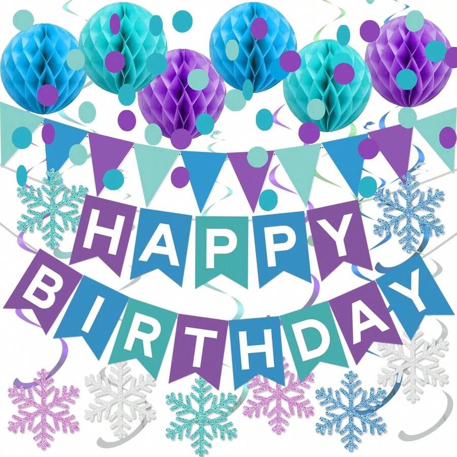 Winter Frozen Birthday Party Drations For Boys Girls, Pre-Strung Blue-Purple Happy Birthday Banner With Honeycomb Balls, Snowflake Hanging Swirls Streamers, Circle Do Garland, Triangle Pennant - abricot - Voir 1