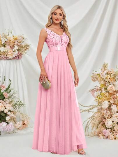 Spring/Summer V-Neck Sleeveless Embroidery&Mesh A-Line Formal Bridesmaid Dress,Pink Elegant Party Dress, Formal Wedding Guest Dress, Graduation Ceremony Dress, Evening Gown