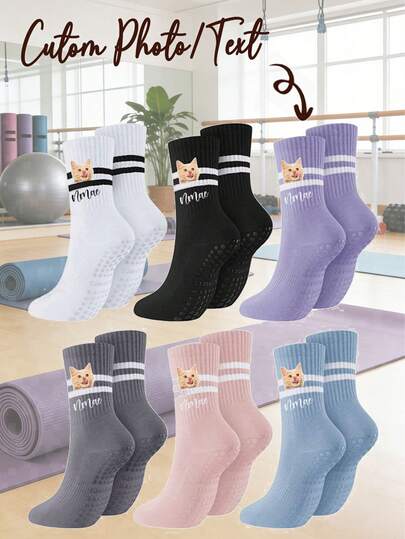 Custom Women's Striped Yoga & Sports Socks, Spring/Summer Silicone Non-Slip Fitness Indoor Sports Mid-Calf Socks, Autumn