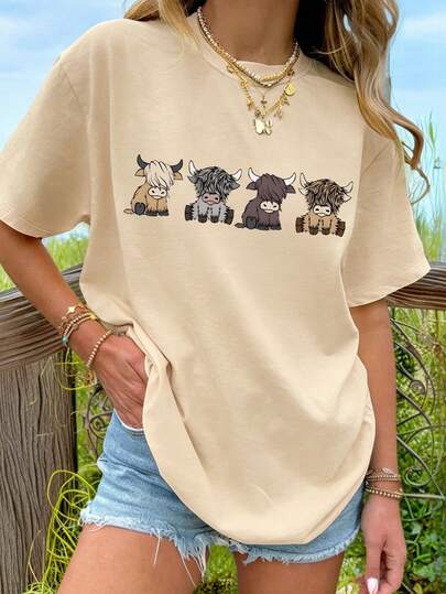 1 Piece Teen Girl Cute Yak Cartoon Teen T-Shirt Exclusively For Girls, Four Cute Yak Pattern Top, Lovely Layout Design, Soft And Comfortable Fabric Suitable For Girl Activities, Suitable For Spring And Summer Campus Daily Outings Casual Style Personalized Fashion Style