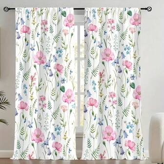 2pcs Pastoral Pink Poppy And Blue-Violet Lily-Of-The-Valley Floral Pattern Curtains-Rod Pocket Design For Privacy And Easy Installation - Perfect For Home Windows