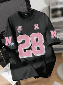 1pc Girls Style American Digital Teen T-Shirt, Pink "28+N" Print Style, Soft And Comfortable Fabric, Suitable For Spring And Summer Daily Wear - Dark Grey - View 1