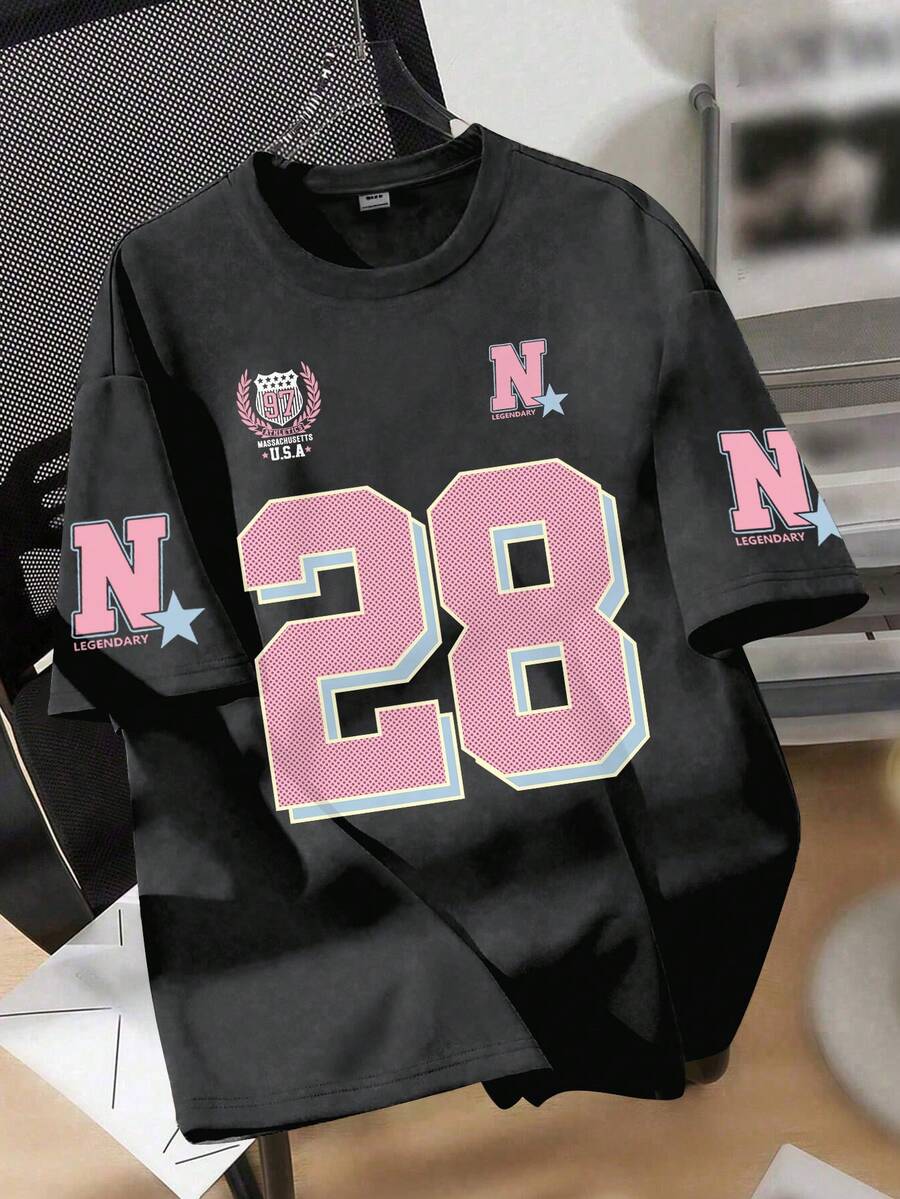 1pc Girls Style American Digital Teen T-Shirt, Pink "28+N" Print Style, Soft And Comfortable Fabric, Suitable For Spring And Summer Daily Wear - Dark Grey - View 1