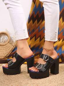 Women's Peep-Toe Buckle Accessory High Heel Sandals, Summer Leather Sandals, Casual Summer Slippers, Waterproof Platform Thick Heel High Heel Versatile - Black - View 3