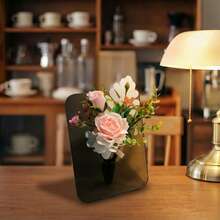 双用途人造花卉摆件，亚克力底座，适用于婚礼和桌面装饰，持久耐用，两种颜色可选：透明/黑色底座 - 黑色 - 查看 4