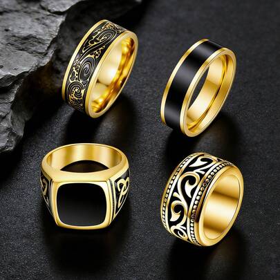 4pcs Men's Stainless Steel Vintage Stamp Rings, Bicycle Rings Set, Pink Thumb Celtic Band Rings, Rotatable Polished Edge Rings, Jewelry Gift For Men