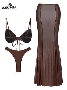 Bộ bikini 3 mảnh xếp ly mới năm 2026, bao gồm váy che ngoài, áo tắm nâng ngực và váy dự tiệc bãi biển. - màu nâu - Xem 5