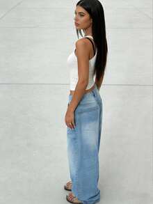 Women's Casual Denim Jeans (Couple Style - Wide Leg Pants), Spring Fashion Denim Pants Suitable For All Seasons, Oversized Charcoal Gray, High Waist, Full Length, Casual Outdoor Pants, Multi-Functional Daily Wear, Valentine's Day Essential Women's Fashion Jeans Single Item Gift, Suitable For Family Leisure, Slimming For Teenagers To Adults, Minimalist Design, Durable Jeans - 藍色*升級旗艦款 - 查看 5