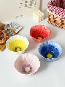 1pc Ins Style Petal Pattern Ceramic Bowl, Household Creative Gradient Flower Salad Bowl, Internet-Famous High-Value Breakfast Bowl And Dessert Bowl, Colorful Fruit Bowl, - Multicolor - View 6