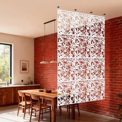 RibasuBB 12-Pack Hanging Room Dividers, Square Hollow Carved Wall Decor, Adjustable Partition Screens For Bedroom, Living Room, Office, And Dining Area, White