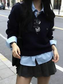 Autumn/Winter Sweater Design Layered Long Sleeve Knit Sweater - Navy Blue - View 5