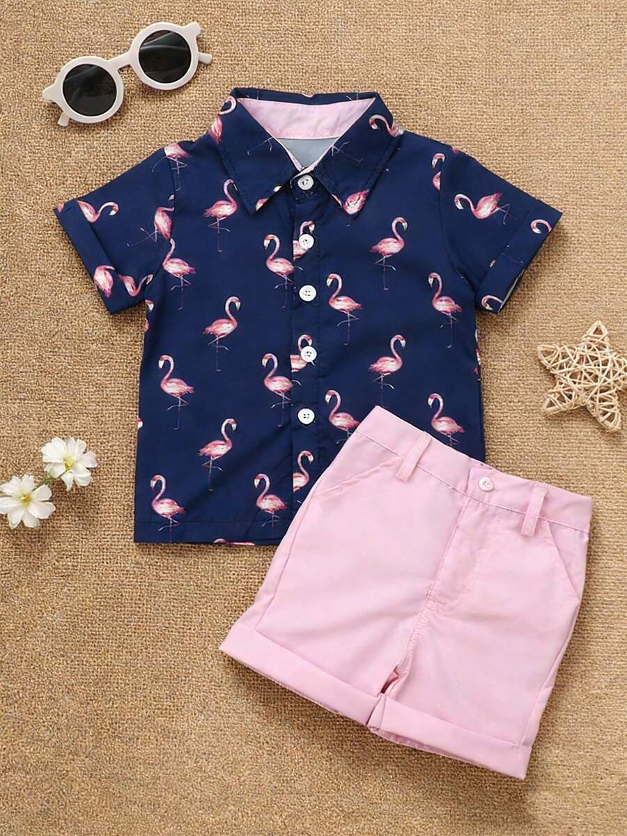 Toddler Baby Boys Clothes Set, Summer Kids Flamingo Print Shirt Top+Solid Shorts - Màu xanh lam - Xem 1
