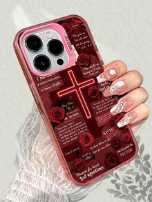 Christian Cross & Red Rose Pattern Phone Case, IMD Technology Laser Backplane, Shockproof Scratch-Resistant Comfortable Grip, Compatible With IPhone 17/16/15/14/13/12/11/7/X - Pink - View 2