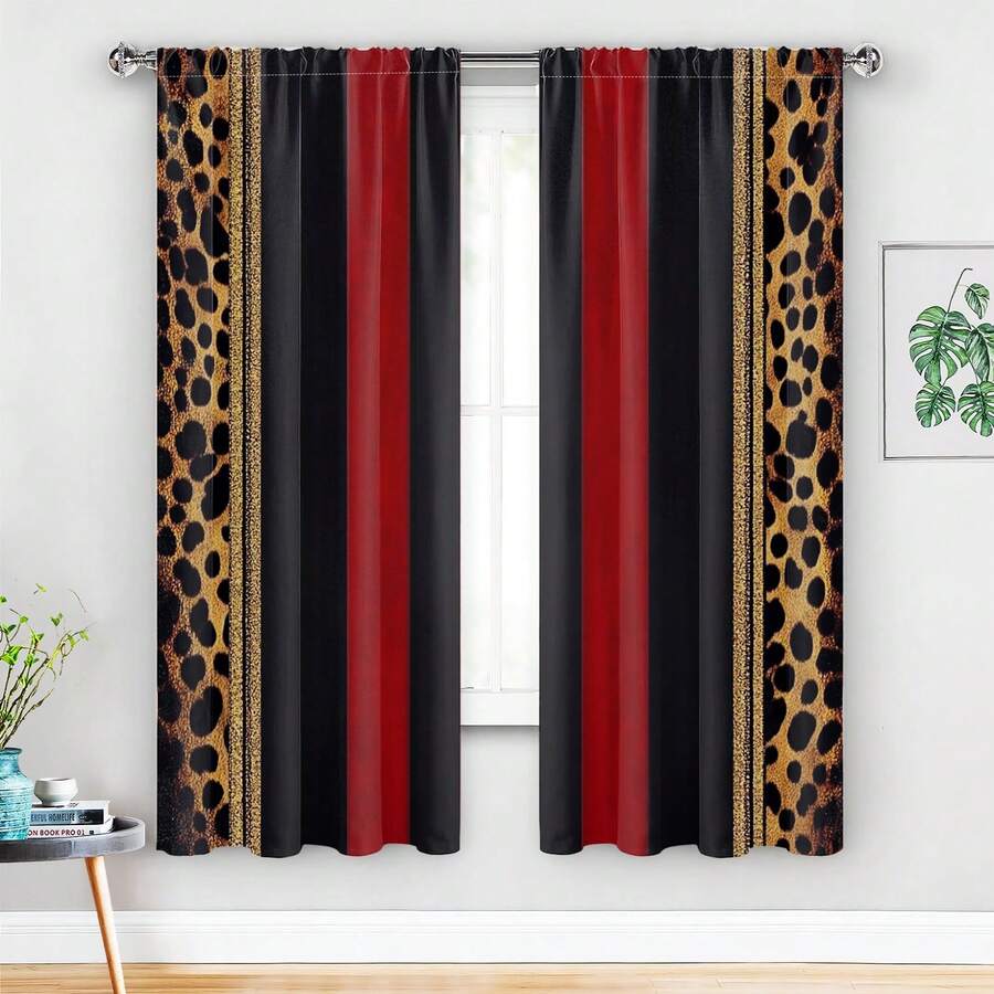 A Set Of 2-Piece Curtains, Featuring Brown Leopard Print And Snow Leopard Design, Paired With Red And Black Plaid Stripes, Available In Various Sizes. - Nhiều màu - Xem 1