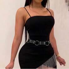 Punk Style Waist Chain Sexy Extra Large Round Ring Waist Belt Accessory, Women's Solid Color Casual PU Leather Adjustable Waist Belt, Suitable For All Seasons - Black - View 4