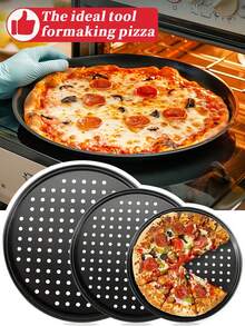1pc/3pcs 12-Inch Black Carbon Steel Pizza Pan, Pizza Baking Tray, Non-Stick Pizza Mold, Suitable For Pizza, Cake, Bread, Roast, With Holes, Round Baking Tray, Oven Tray, Pizza Plate, Pizza Mold, Baking Set