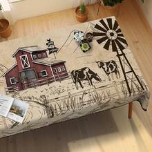 1PC Country Style Farmhouse Tablecloth, All-Season Decorative Tablecloth, Vintage Windmill And Plaid Cow Pattern Home Decor, Suitable For Kitchen, Dining Room, Parties, Holidays, Weddings, And Indoor/Outdoor Use. - Multicolor - View 2