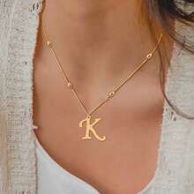 1pc New Simple Classic Big Initial Pendant Golden Bead Herringbone Chain Necklaces For Women - Yellow Gold - View 1