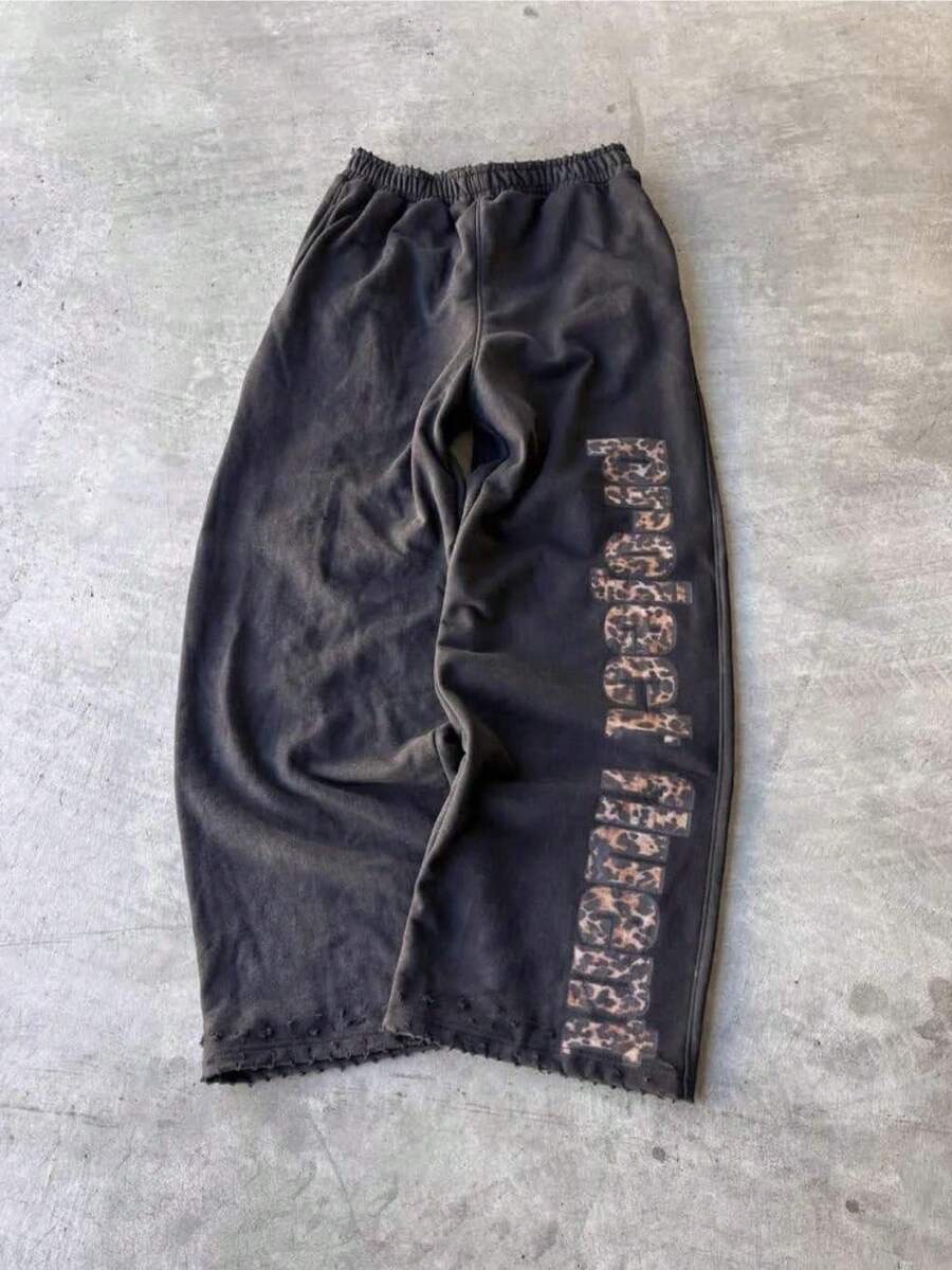 Men's Leopard Baggy Sweatpants Wide Leg Y2k Grunge Elastic Waisted Workout Tranck Sweat Pants Streetwear - màu đen - Xem 1