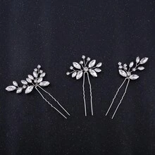 3pcs Rhinestones Hair Pin Set For Bridal Headpiece & Wedding Dress Decoration Elegant Boho Valentine's Day Accessories - Silver - View 5