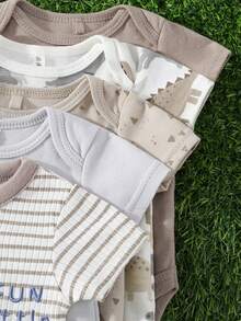 Children's 5-Piece Triangular Jumpsuit Set, With Short Sleeves, Cartoon Stripe And Dinosaur Print, Soft And Comfortable, Ideal For Outdoor Activities. - Màu Khaki - Xem 5
