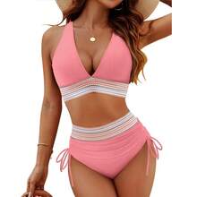 Women High Waisted Bikini Sets Tummy Control Swimsuits Color Block Two Piece Drawstring Bathing Suit Outdoorfun - Navy Blue - View 7
