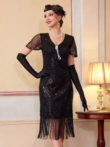 1920s Flapper Dress, Vintage Fringe Sequin Cocktail Dress With Accessories Set - Black - View 8