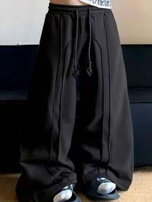 Unisex Drawstring Wide Leg Sweatpants, Casual Loose Fit Sports Trousers - Black - View 1