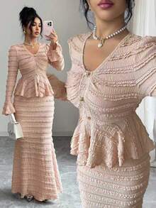 Bộ trang phục nữ thanh lịch màu trơn có họa tiết, kiểu Ả Rập, gồm áo và chân váy, thích hợp cho mùa hè, kỳ nghỉ, ngày Valentine, dự tiệc sang trọng, đám cưới, sinh nhật. - Hồng - Xem 3