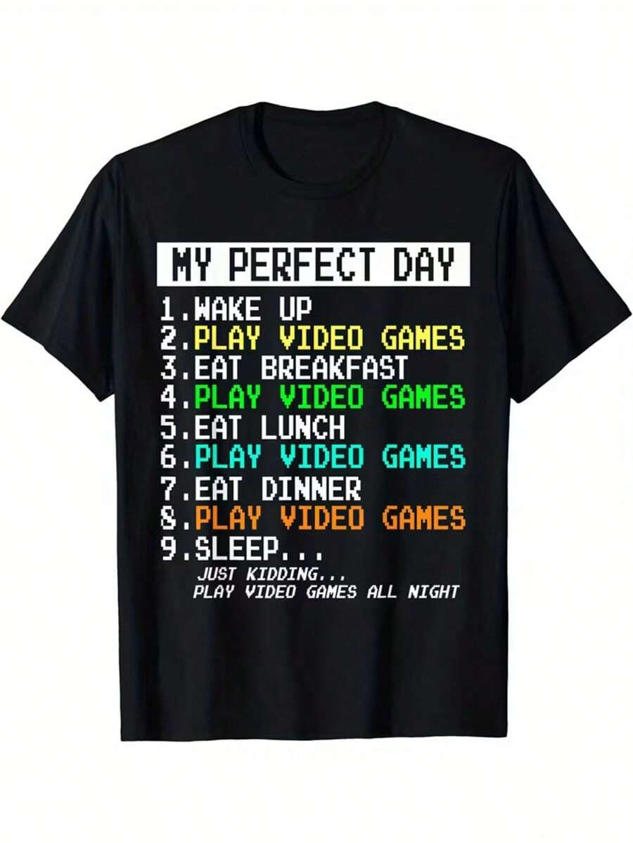 playera de hombre Mi Día Perfecto: Levantarme, Jugar Videojuegos, Playera De Manga Corta Para Hombre Con Gráficos, Cómoda Y Moderna Para El Verano, Estilo Casual Y A La Moda Para El Día A Día. cosas de hombre streetwear ropa hombre - Negro - Ver 1