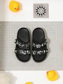 2026 Summer New Boys' Sports Slides: Black Base Double Strap Black & White Camo Style, Neon Green / White Decorative Buckle, Lightweight Rubber + Non-Slip Sole, Suitable For Indoor, Outdoor & Light Sports - Black - View 6