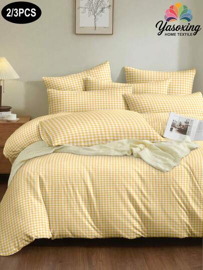 2/3pcs/Set Yellow Checkered Plaid Pattern Duvet Cover Bedding Set, Soft Breathable Wrinkle-Free Better For Sleep, Luxury Hotel Style, Gift For Mom Dad Friend, Reversible Two Tone Quilt Comforter Duvet Cover*1 Pillowcase*1/2 King Queen Full Twin Size