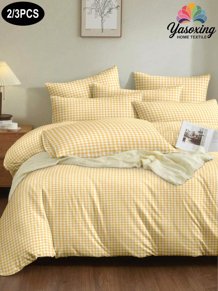 2/3件套黄色格子床品套装，柔软透气，抗皱，提升睡眠质量，奢华酒店风格，馈赠父母及朋友，双面绗缝被套*1，枕套*1/2，可选尺寸：特大号、大号、标准大号、单人床 - 黃色 - 查看 1